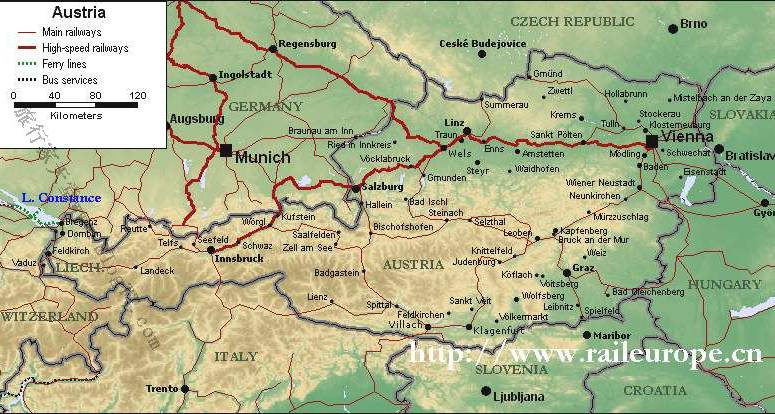 奥地利铁路地图,奥地利地图高清中文版
